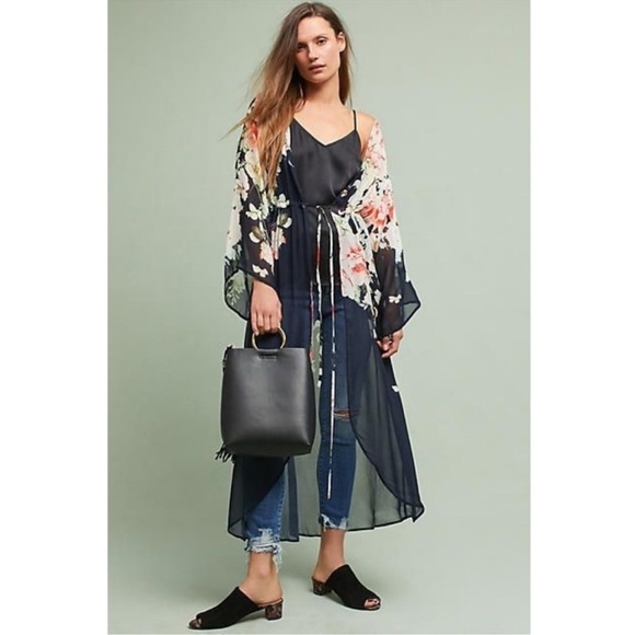 FLOREAT Anthropologie Rosie Sheer Black Long Kimono Topper Layer Cover Up Sz OS - Picture 2 of 14